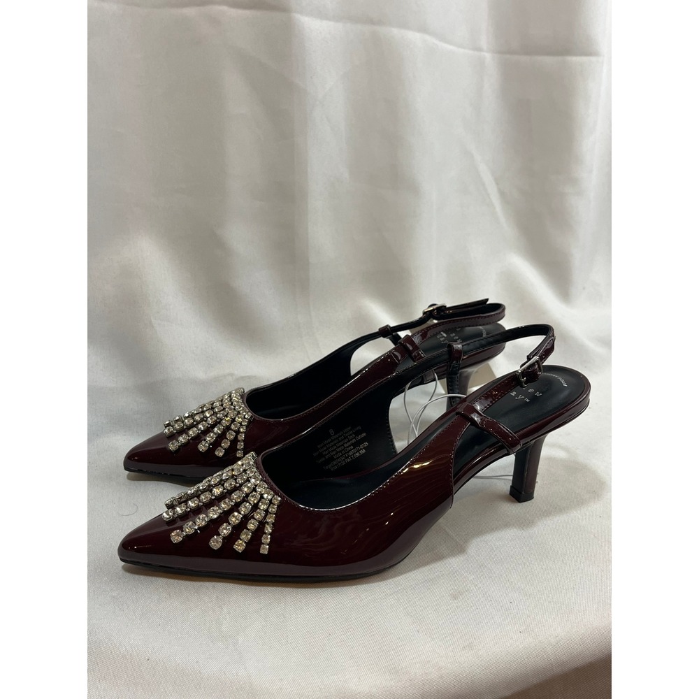 A New Day Burgundy Patent Rhinestone Slingback Pumps Kitten Heels Size 8